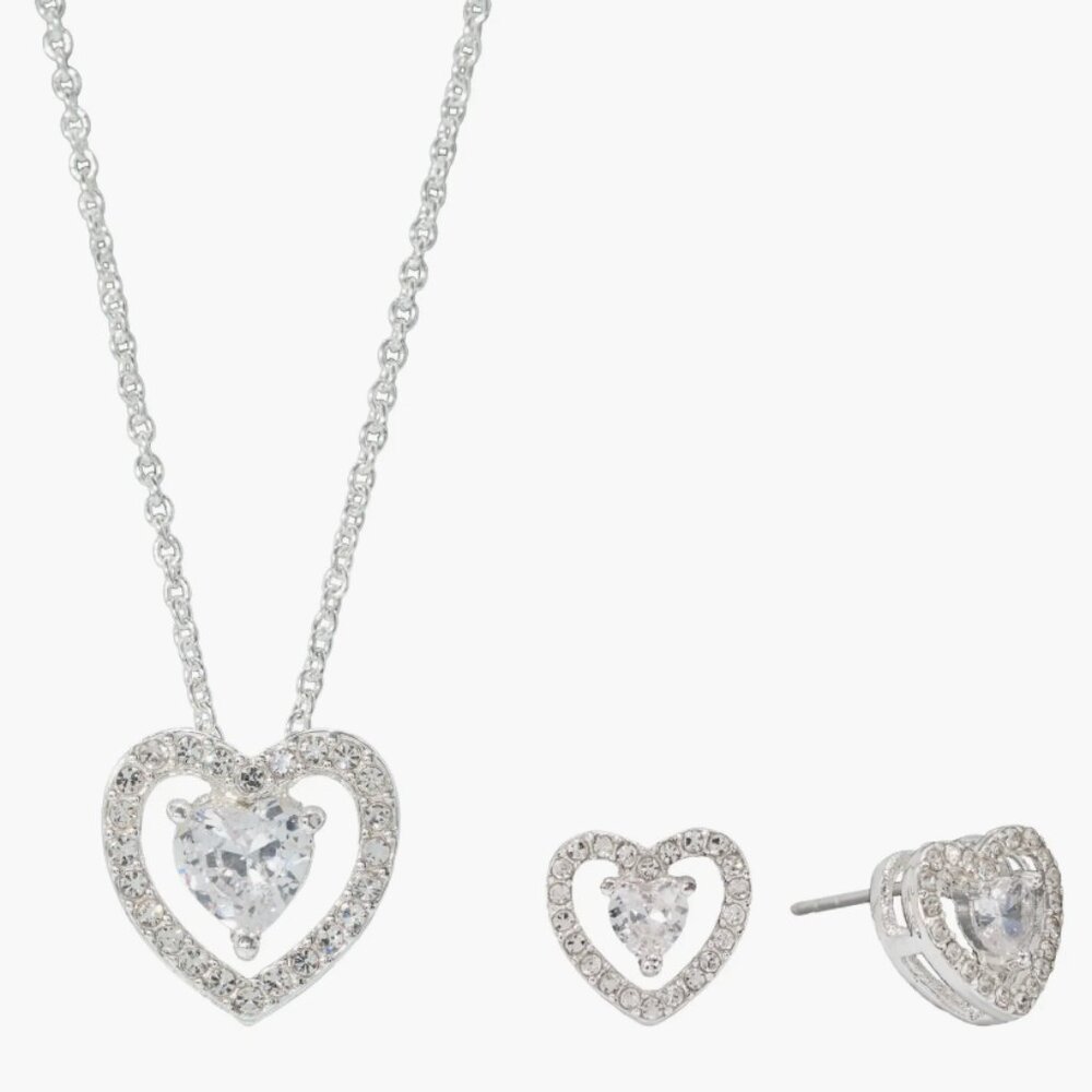 SPARKLE & ALLURE Cubic Zirconia Heart Pendant Necklace & Earrings Set NEW